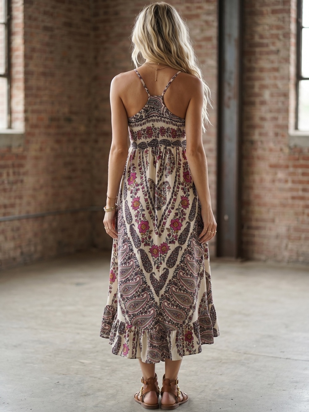 NWT Angie Smocked Bodice Midi Dress Boho Floral Print Festival Style - Picture 5 of 5